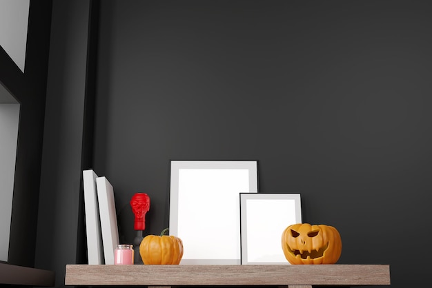 Makieta czarnej ramki z latarnią jack o i dekoracją z dyni na biurku koncepcja halloween d render