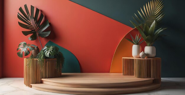 Makieta drewnianego podium z kolorową prezentacją przestrzeni produktu sztuki 3d na tle ai