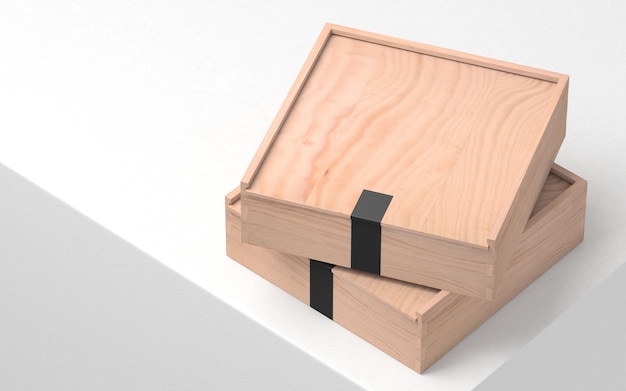 Makieta dwóch drewnianych pudełek z czarną naklejką, sklejka. renderowania 3D