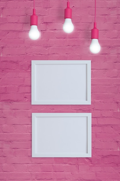 Makieta dwóch ramek na ścianie z różowej cegły z żarówkami. Wstaw swój tekst lub obraz. Format pionowy