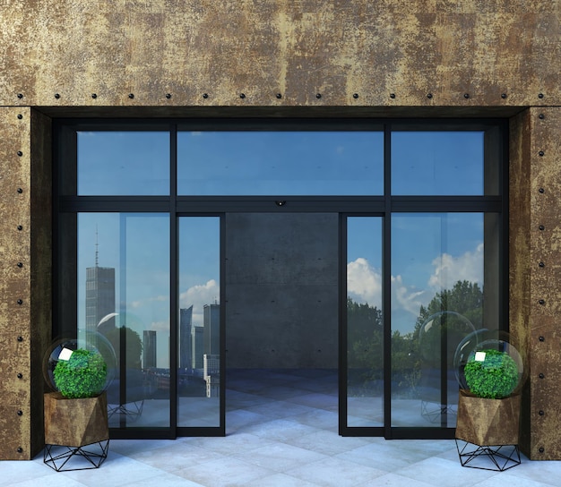 Makieta fasady biura z automatycznymi czarnymi drzwiami przesuwnymi