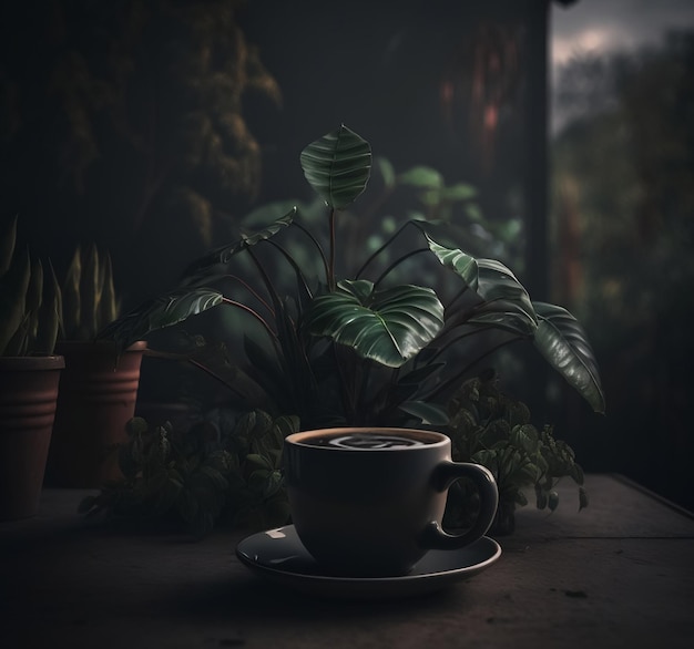 makieta filiżanki kawy z roślinami na tle ciemnym i nastrojowym