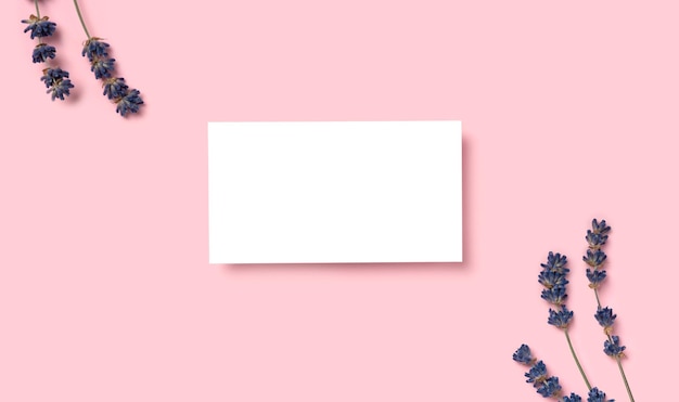 Makieta jednej wyciętej wizytówki na różowym tle minimalizmu i kwiatach lawendy