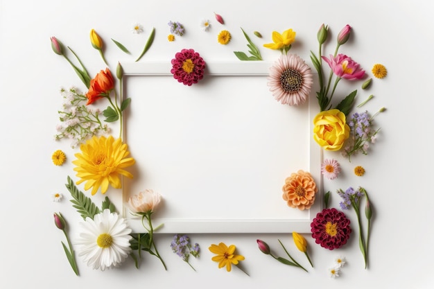 Makieta kolorowych wiosennych kwiatów kolor ramki na białym tleGenerative AI
