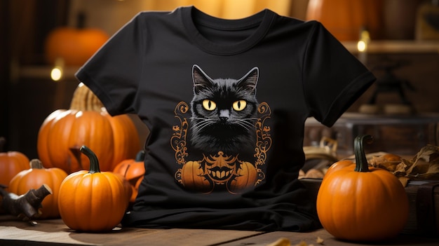 Zdjęcie makieta koszulki z okazji halloween z okazji halloween czarny kot z latarnią w tle halloween