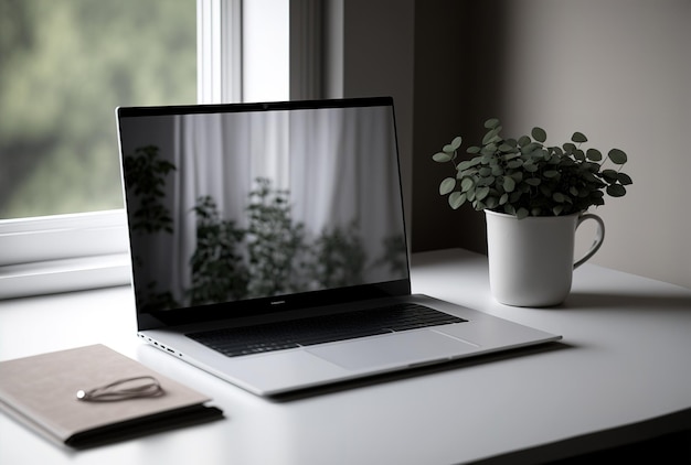 Makieta laptopa z białym ekranem na biurku