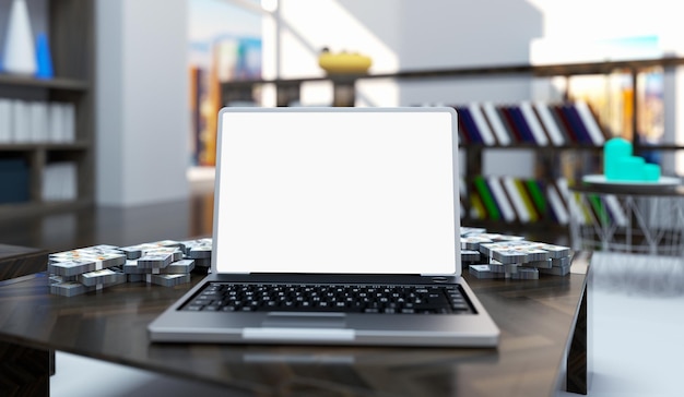 Makieta laptopa z odizolowanym białym ekranem na tle biura