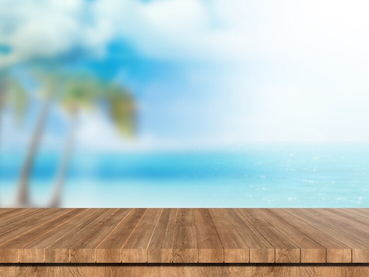 Makieta lato niewyraźne 3d render drewniany stół patrząc na morze krajobraz