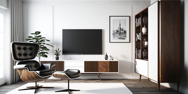 Makieta lub konfiguracja wnętrza salonu ma szafkę na telewizor i skórzany fotel w białym pokoju