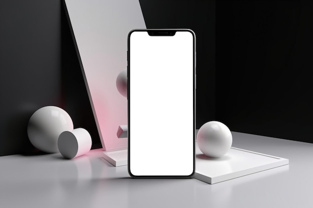 Makieta nowoczesnego smartfona Telefon komórkowy z pustym białym ekranem stojący na geometrycznym szarym tle widok z przodu Generacyjna sztuczna inteligencja