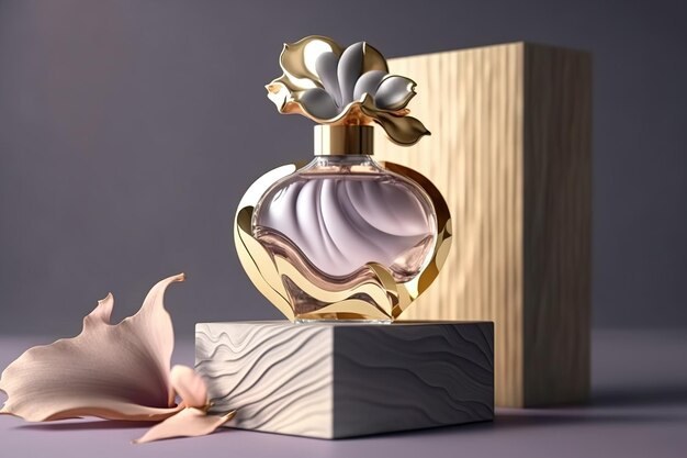 Makieta perfum na podium wykonana z falistej gałęzi fioletowej orchidei zamknij butelkę perfum ze złotymi wieczkami, która jest w połowie pełną makietą jasnoszarego tła produktu kosmetycznego