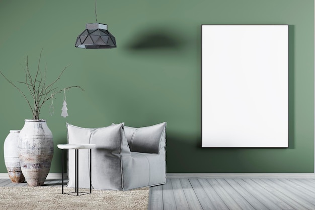 Makieta plakatu na zielonej ścianie w salonie z fotelem z tkaniny, stolikiem kawowym i dużym wazonem renderowania 3d