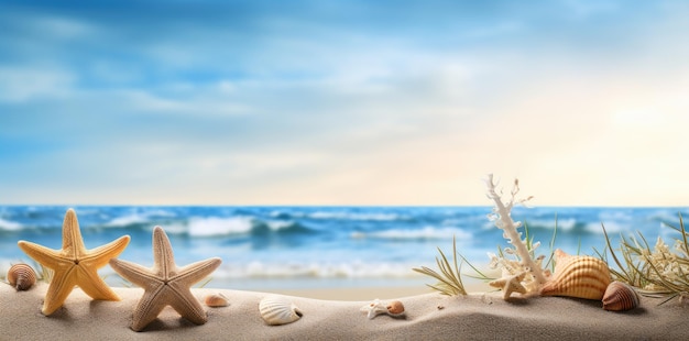 Makieta plaży z piaskiem morskim i rozgwiazdami z muszli nad morzem na tle fal morskich