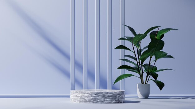 makieta podium z białego marmuru, niebieskie tło ścienne z naturalnym liściem, rośliną, platformą produktową