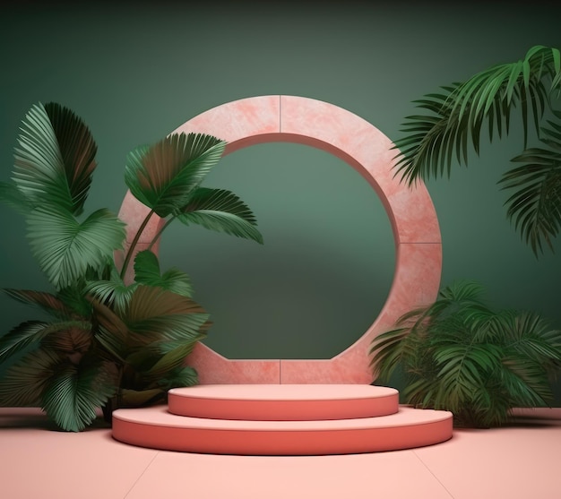 Makieta podium z różową teksturą z kamiennym okrągłym tłem zielonej ściany tropikalnych liści palmy monstera Generative AI