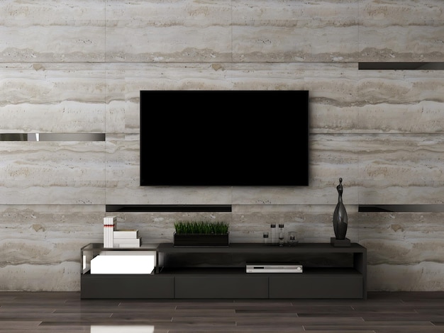 Zdjęcie makieta pokoju wewnętrznego telewizora z pustym biurkiem i przedmiotami z marmurowej ściany