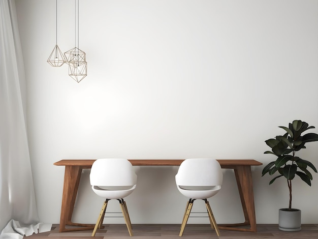 Zdjęcie makieta pokoju ze stołem i krzesłem oraz wiszącą lampą 3d ilustracja renderowania 3d