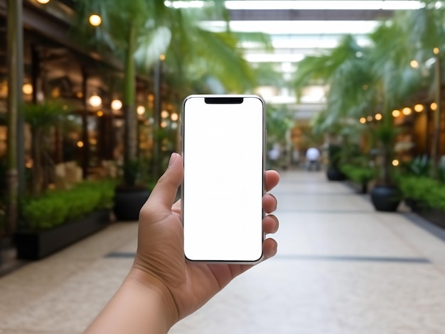 Makieta przedstawiająca rękę trzymającą biały telefon komórkowy z pustym białym ekranem