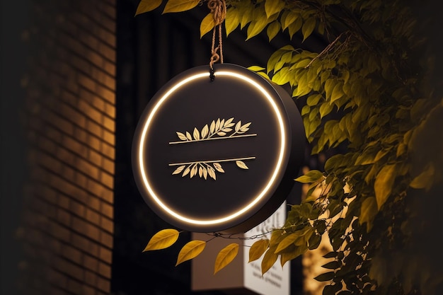 Makieta pustego minimalnego okrągłego szyldu sklepu do projektowania tablicy wiszącej na ulicy do prezentacji logo z lekką girlandą wśród liści Obraz generowany przez AI