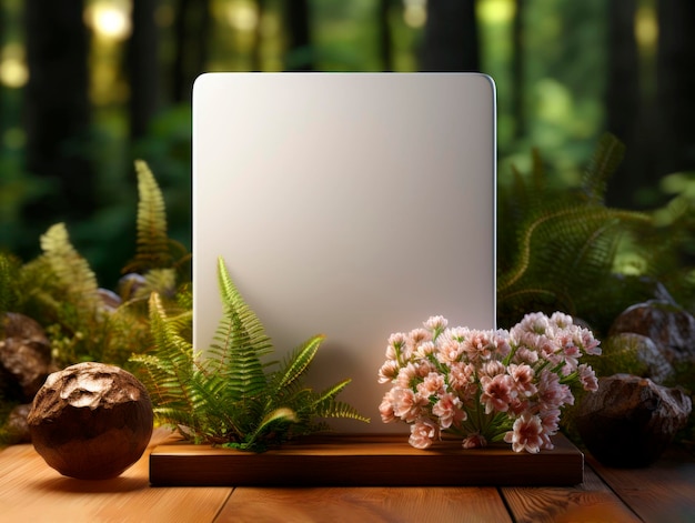 Makieta pustego tabletu z białym ekranem na drewnianym stole w zielonym lesie Generacyjna AI