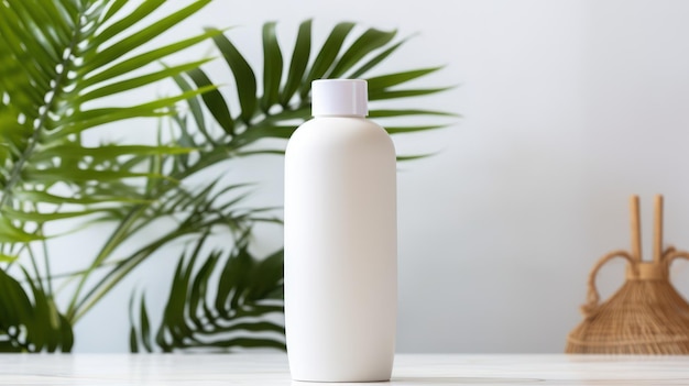 Makieta pustej białej butelki kosmetycznej z tropikalnymi liśćmi palmowymi AI wygenerowana
