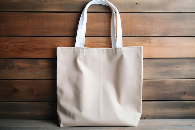 Makieta pustej płóciennej torby z grubej bawełny na drewnianym tle w stylu