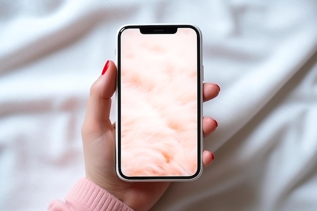 makieta pusty pusty biały ekran iPhone'a ręka dziewczyny trzymająca telefon płasko leżała