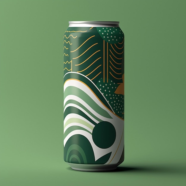 Makieta puszki aluminiowej z abstrakcyjnym wzorem na zielonym tle renderowania 3d