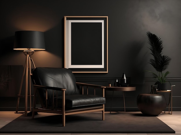 Makieta ramki na zdjęcia w ciemnych odcieniach ze skórzanym czarnym fotelem i dekoracją minimalnego renderowania 3D
