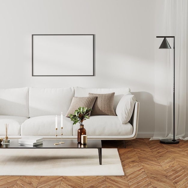 Zdjęcie makieta ramki na zdjęcia we wnętrzu domowego salonu z białą sofą i stolikiem kawowym z wystrojem renderowania 3d