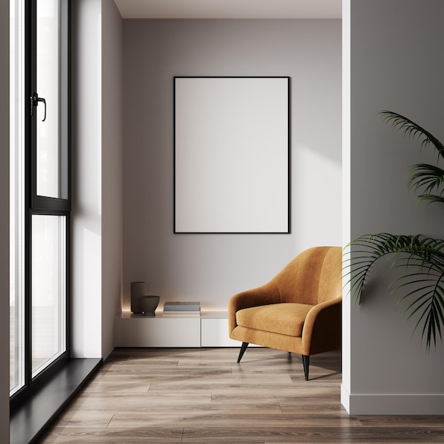 Zdjęcie makieta ramki plakatowej 60x80 w nowoczesnym tle wnętrza salonu skandynawski styl renderowania 3d ilustracja 3d