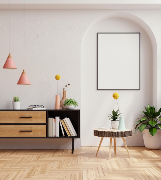 Makieta ramki plakatowej na czarnej szafce w renderowaniu interior3d