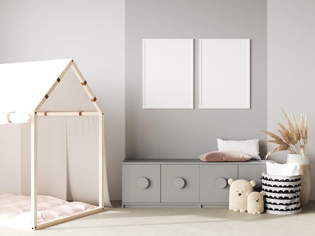 Makieta ramki plakatu w sypialni dzieci Styl skandynawski tło wnętrza 3D render Ilustracja 3D