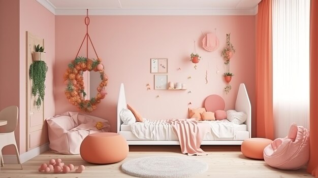 Makieta ramki w sypialni dla dzieci renderowania 3d Jasny kolor Generative Ai