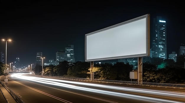 Makieta reklamowa pustego billboardu w nocy z oświetleniem ulicznym z miejscem na kopię dla publicznej tablicy informacyjnej billboard pusty na plakat reklamowy na zewnątrz