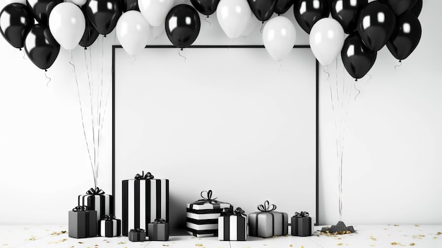 Makieta reklamowa z czarno-białymi prezentami i balonami Czarna ramka z miejscem na kopię Generacyjna sztuczna inteligencja