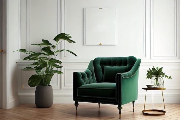 Makieta ściany salonu z zielonym aksamitnym fotelem na pustym białym tle wnętrza Generative Ai