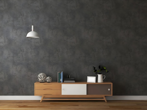 Makieta ściany w pokoju wewnętrznym z szafką i biurkiem biała wisząca lampa i betonowa ściana cementowa