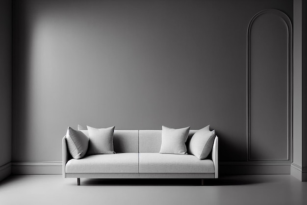 Makieta ściany wnętrza salonu z sofą i poduszkami nowoczesne wnętrze negatywnej kopii przestrzeni nad generatywną sztuczną inteligencją