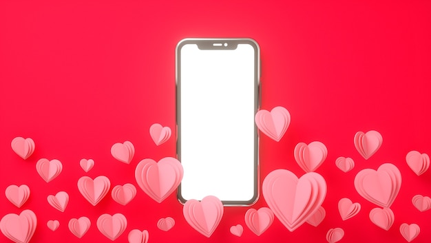 Makieta smartfona z koncepcją valentine. Miłość, ślub, dzień matki, zaproszenie. Renderowanie 3D