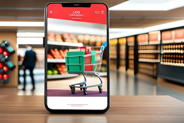makieta smartfona z koszykiem na zakupy w supermarkecie i pudełkami w realistycznym renderowaniu 3d
