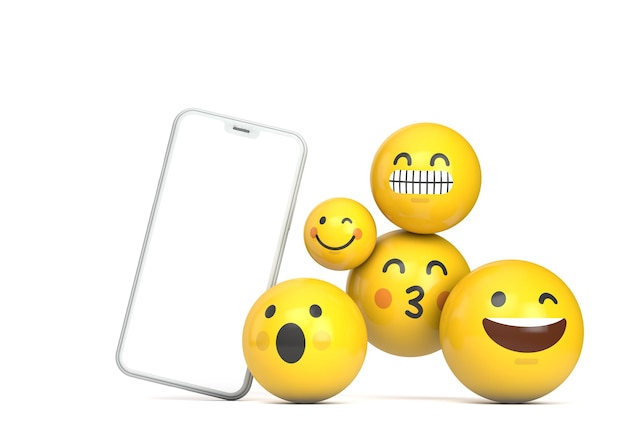 Makieta smartfona z pustym ekranem i zabawną postacią emoji d render