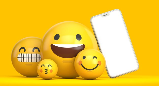 Makieta smartfona z pustym ekranem i zabawną postacią emoji d render