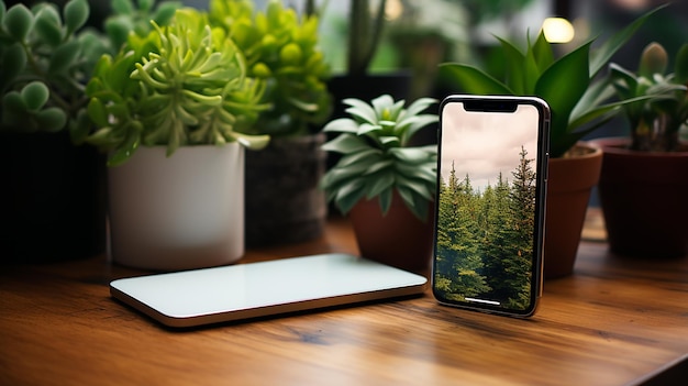 makieta smartfona z pustym ekranem na drewnianym stole z rośliną w ogrodzie z miejsca na kopię
