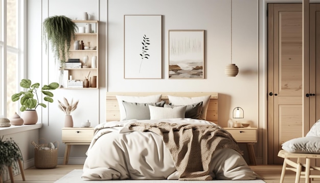 makieta sypialni z meblami z naturalnego drewna i beżową kolorystyką.