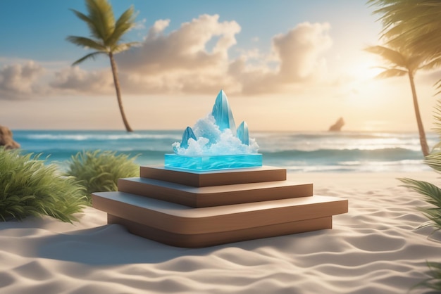 makieta szkliste podium na plaży do prezentacji produktu z niebieskim tłem natury oraz plażą i chmurą