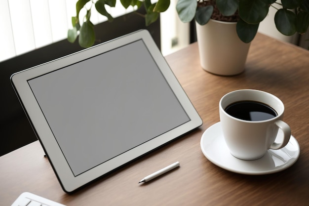 Makieta tabletu z pustym ekranem i filiżanką kawy na biurku w domowym biurze z miejscem na tekst