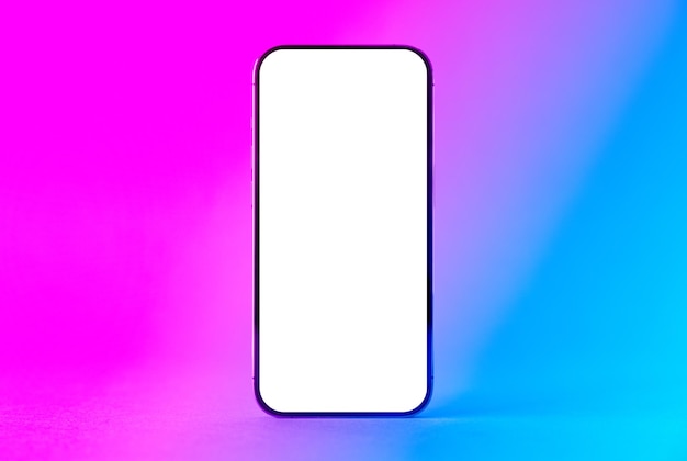 Makieta telefonu komórkowego na neonowym niebieskim i różowym tle
