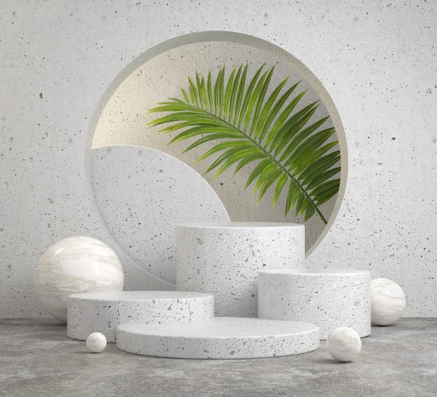 Makieta tło abstrakcyjne białe kamienne podium ustawione na betonowej podłodze i liści palmowych roślin renderowania 3d