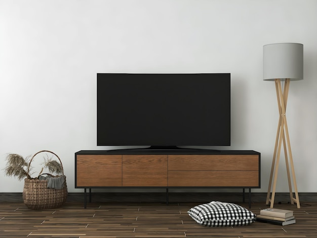 Makieta wnętrza telewizora z drewnianą lampą podłogową na biurko i pustym telewizorem